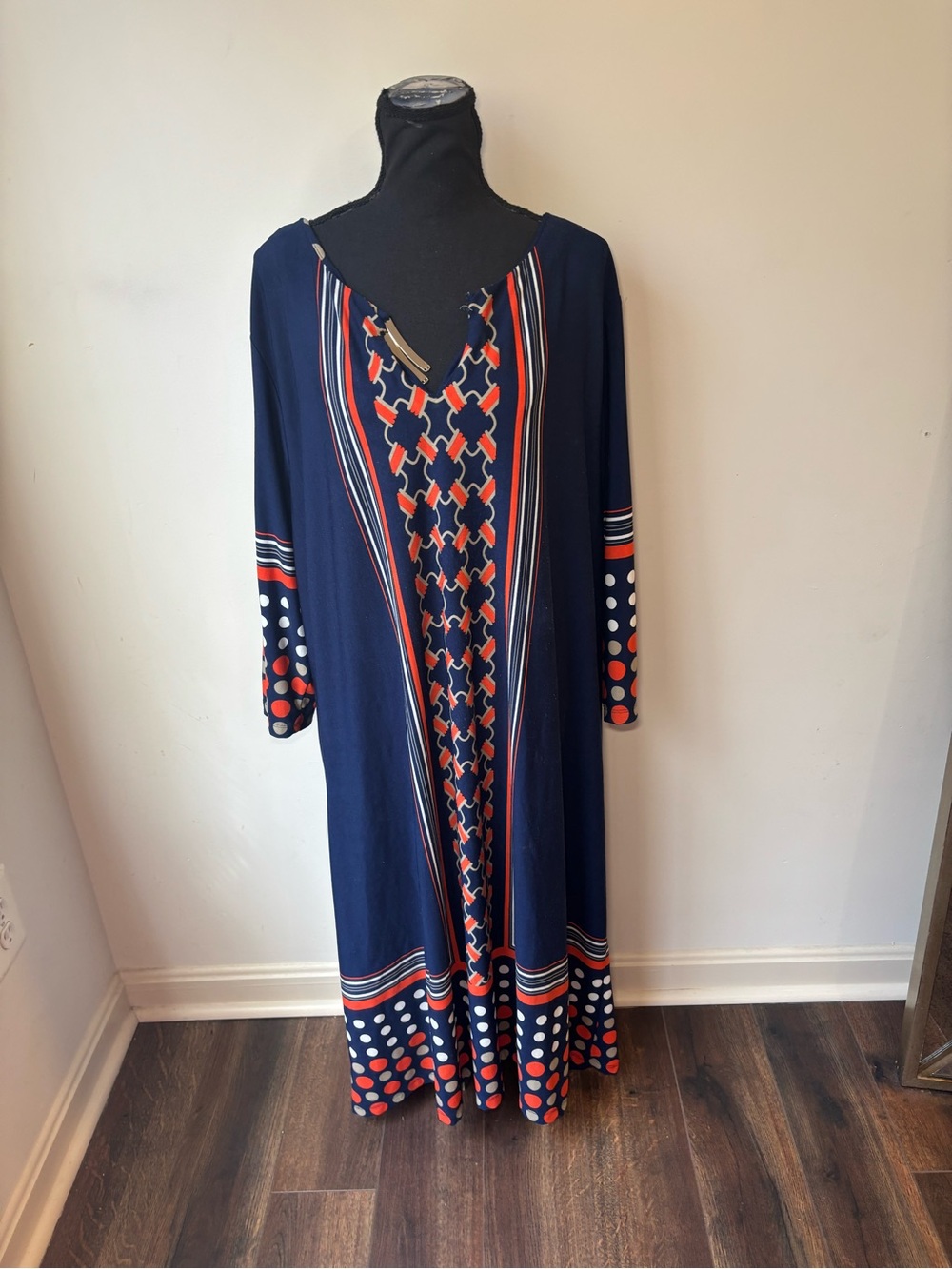 Ashley Stewart Navy Blue Patterned Long Sleeve Maxi Dress